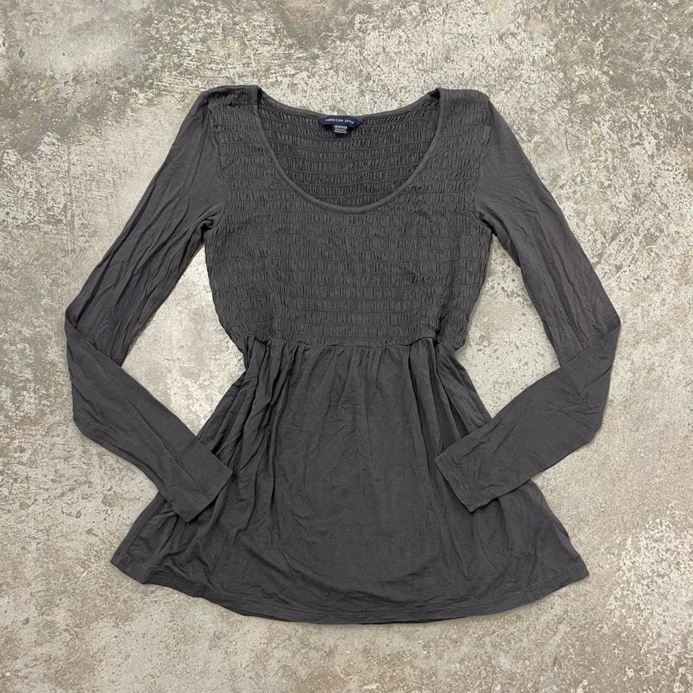 American Eagle Vintage Y2K Charcoal Grey Ruched Babydoll Top XS Long Sleeve